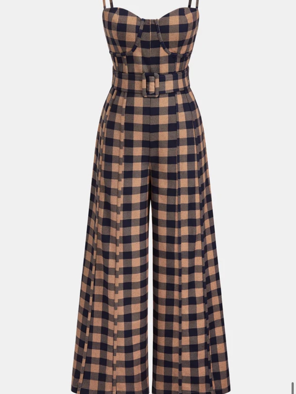 Free People Navy and Tan Checkered Jumpsuit